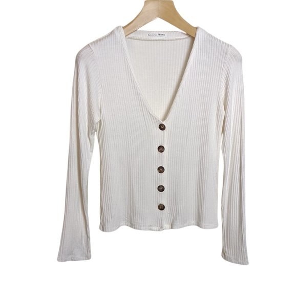 Reformation Jeans Iris Top Small Ivory Ribbed Modal Button Front V-Neck Top - Picture 3 of 6